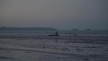 Traveler walks along the sand of beach during the low tide of the Atlantic Ocean in the north of France. A man walks on the seashore at sunset and ebb in the Brittany region. Low water or refluence. video