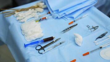 Medical tools in ophthalmology. Surgical instruments for vision correction. Sterile tools on the table in ophthalmic operating room. video