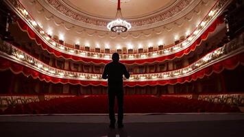 Back view of actor on stage. Man practicing speech with gestures in empty auditorium with red chairs. Performer is reheases in theater. video