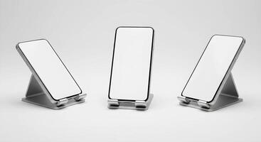 Cellphones with Blank Screens Displayed on Stands for Mockup Presentation photo
