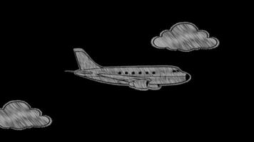 Sketch style airplane flying through clouds video