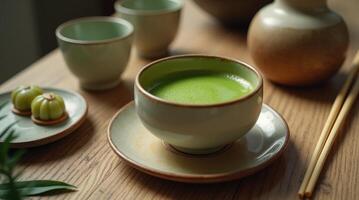Handcrafted ceramic teacup filled with vibrant matcha tea on a wooden table photo