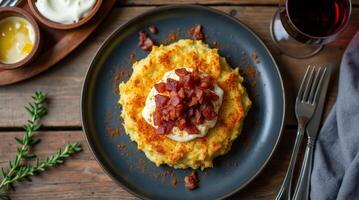 Delicious Andorran cabbage and potato pancake served with toppings photo