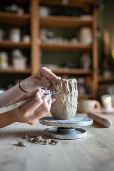 Potter hands shaping mug with loop tool, carve intricate pattern, scraping excess clay. Artisan job photo