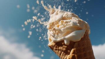 Caramel ice cream in a crunchy waffle cone melting under a sunny sky, captured in a fresh low-angle shot Perfect for summer-themed branding, dessert campaigns, and food visuals. photo