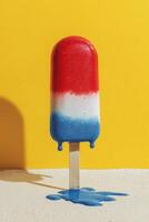 A vibrant tricolor popsicle slowly melting against a bold yellow backdrop. Great for summer-themed designs, refreshing dessert promotions, or playful advertising visuals. photo