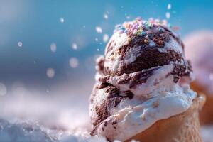 A delicious scoop of chocolate and vanilla swirl ice cream topped with rainbow sprinkles, captured in close-up against a dreamy background. Perfect for dessert branding and summer promotions. photo