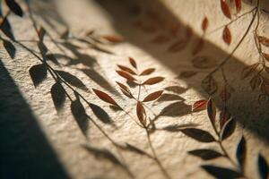 Botanical leaves and their soft shadows fall across warm, golden textured paper in gentle sunlight. A calm and natural setting perfect for eco design, packaging, or branding visuals. photo