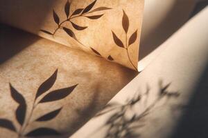 Soft botanical shadows fall on folded textured paper in warm light, creating a serene and organic mood. Perfect for eco-themed branding, natural backgrounds, and creative minimalist visuals. photo