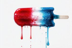 A dripping red white and blue popsicle melting horizontally on a clean white background. Ideal for creative food photography, summer ads, and colorful minimalist visuals. photo