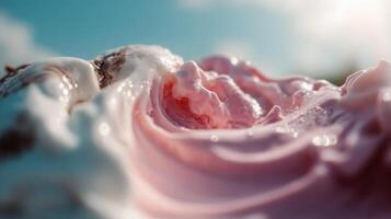 A creamy swirl of pink and white ice cream with chocolate drizzle in a sunny macro shot. Ideal for dessert branding, summer promotions, and food-related creative content. photo