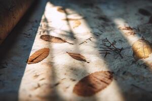 Dried autumn leaves and twigs on rough handmade paper, illuminated by soft sunlight and casting gentle shadows. Ideal for natural design, eco packaging, and artistic flat lays. photo