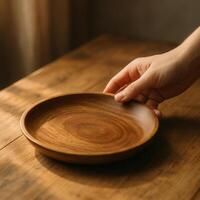 A hand reaching for a minimalist wooden plate on a rustic table, bathed in natural warm light. Ideal for kitchenware branding, cooking visuals, and cozy lifestyle concepts. photo