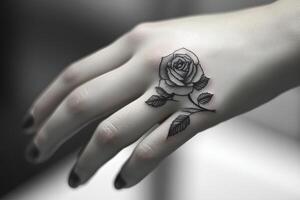 A detailed close-up of a female hand adorned with a beautiful rose tattoo, showcasing intricate design and personal expression in a conceptual and artistic style photo
