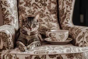 A charming tabby cat sits comfortably beside a steaming cup of coffee on a cozy chair, adding a touch of warmth and tranquility to the scene. photo