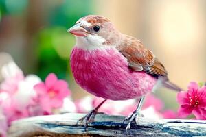 A beautiful pink bird perched on a branch surrounded by delicate pink flowers. The blurred background enhances the softness of the scene, creating a peaceful and dreamy atmosphere. photo