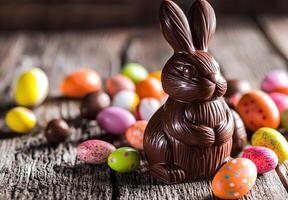 Close-up of a chocolate bunny and colorful chocolate eggs arranged on a rustic wooden background, with selective focus for a festive Easter feel photo