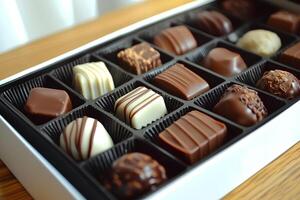 A close-up image of a box filled with assorted chocolates, elegantly arranged on a wooden table, showcasing their rich textures and enticing variety. photo