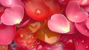 Delicate rose petals floating on the surface of water, with shimmering water droplets in the background, creating a serene and peaceful atmosphere photo