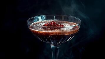 A sleek martini glass filled with a cocktail surrounded by ethereal smoke, set against a dark background for a mysterious and dramatic effect photo