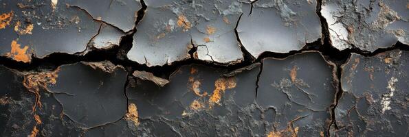 Close-up of cracked and weathered surface with exposed rust patterns photo