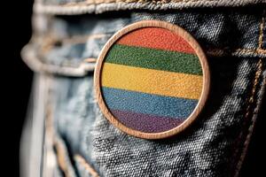 Close up of a metal badge with the LGBT rainbow flag placed in the pocket of blue denim jeans photo