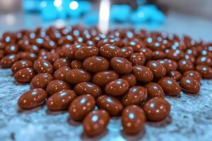Delicious chocolate candies displayed on a table in a candy shop, captured in a close-up shot showing rich texture and sweet variety photo