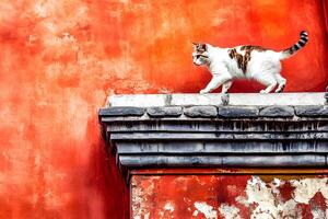 A tricolor cat sitting gracefully on the roof of an old house with a vibrant orange wall, creating a picturesque and charming scene full of warmth and character photo