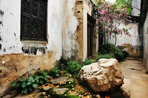 A serene garden scene in Hanoi, Vietnam, featuring smooth stones and vibrant flowers, capturing the natural beauty and tranquility of the Vietnamese landscape photo