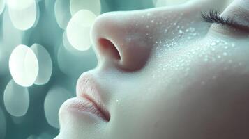 A close-up shot of a young woman's face, showcasing delicate water droplets on her skin, creating a fresh and natural look with a dewy and glowing complexion photo