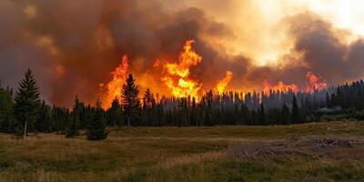 Intense forest wildfire with towering flames and a smoky sky in a natural landscape photo