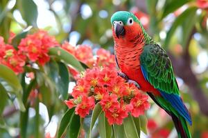 A vibrant, colorful parrot perched on a branch of a red flower, capturing the beauty of nature in a tropical setting photo