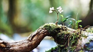 A small tree sprouting on a moss-covered branch in a lush forest, highlighting the vibrant greenery and natural beauty of the forest environment photo