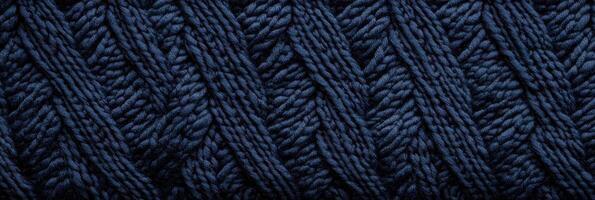 Close-up of intricate blue yarn knitting pattern displaying textured fabric design photo