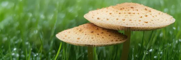 Close-up of two brown mushrooms on green grass with morning dew droplets photo