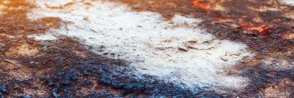 Close-up of ashes and burnt soil creating abstract texture and natural pattern photo