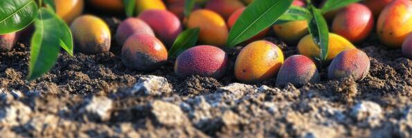 Fresh ripe mangoes on soil with green leaves in a plantation setting photo