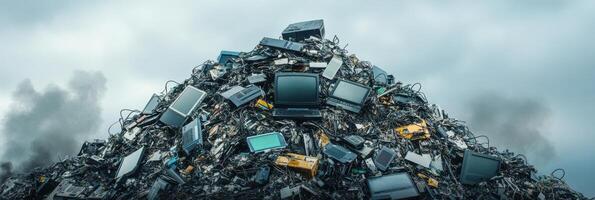 Pile of electronic waste featuring old devices and computing equipment photo