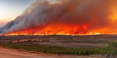Large wildfire engulfing forested landscape with intense smoke clouds photo