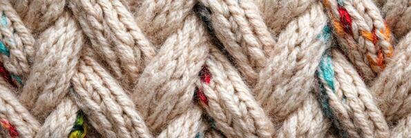 Close-up view of a knitted wool texture with color accents for warmth and craft photo