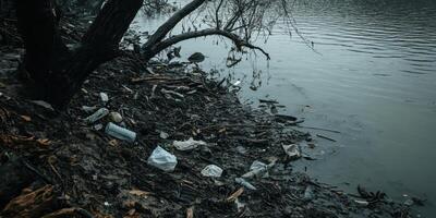 Polluted riverbank with trash and muddy water reflects environmental issues photo