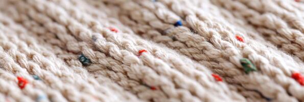 Close-up of beige knitted fabric with multicolored specks for texture concept photo