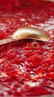 A detailed close up view of simmering beetroot soup, highlighting its rich, vibrant red color and unique texture. Media video