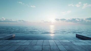 Wooden dock extending over calm ocean waters with clear blue sky and distant horizon photo