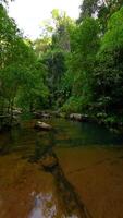 Smooth FPV drone flight over shallow tropical river with rocks in lush green jungle in Thailand video