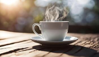 Crisp close-up of a freshly poured coffee cup resting on rustic wood photo