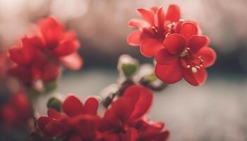 Detailed close-up of red kalanchoe flower, softly blurred backdrop for focus photo