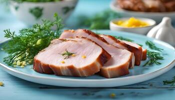 Chunks of pork fatback with scattered garlic and dill on a soft blue wooden table, detailed focus photo