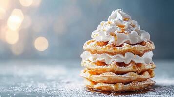 Stack of donuts topped with whipped cream and drizzled with orange sauce on a white plate photo