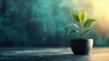 Small green plant in a decorative pot placed on a wooden table indoors photo